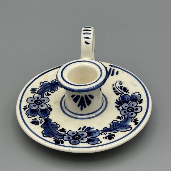 Vtg Delft Blue and White Single Taper Candle Holder Floral with Handle 4" Diam - Picture 5 of 7